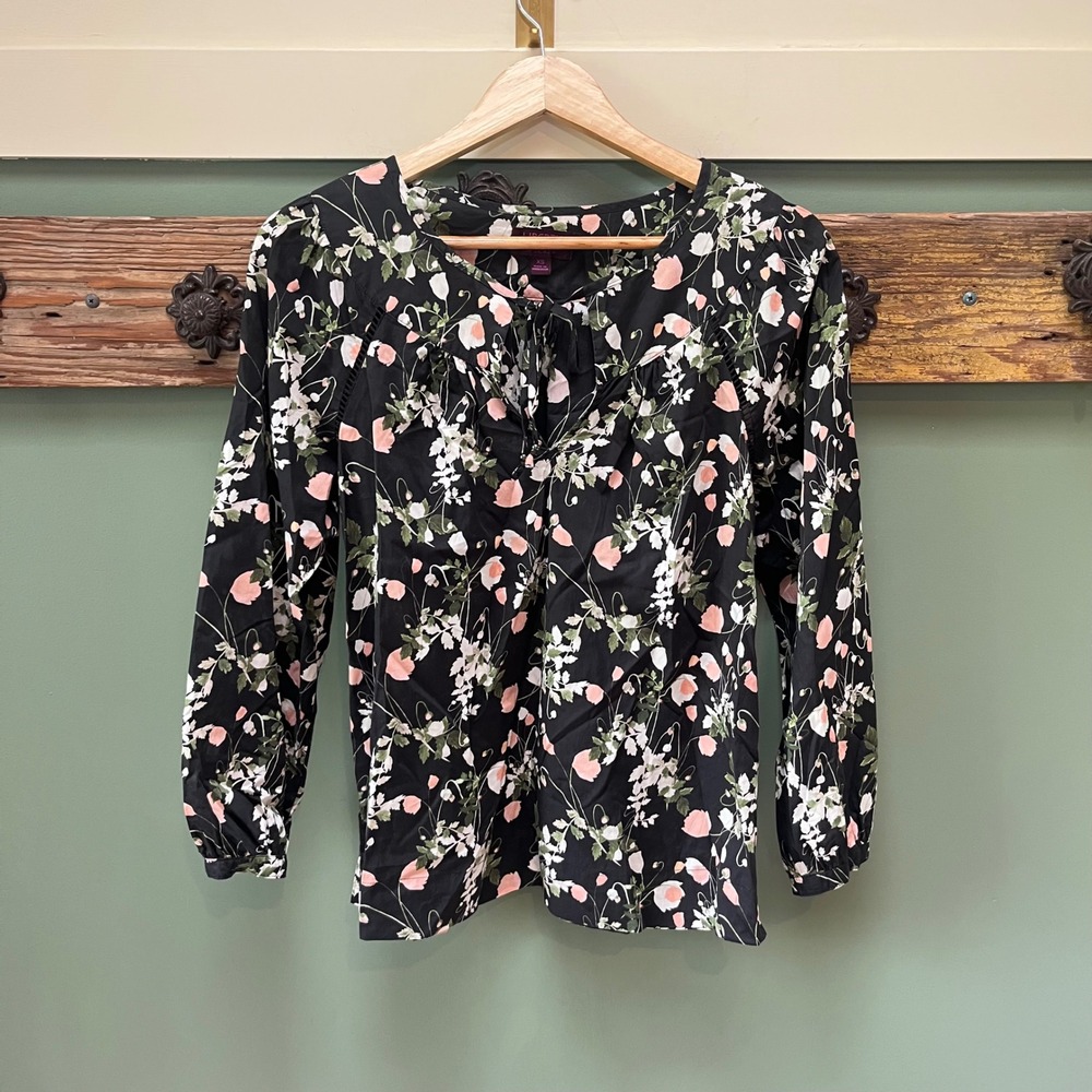 Liberty Fabrics for J.Crew Black Floral Poppy Cotton Blouse XS‎ Split Neck Tie